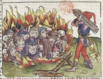 Żydzi spaleni na stosie, z Kroniki norymberskiej Hartmanna Schedla (1440-1514), 1493 (kolorowy drzeworyt) autorstwa German School