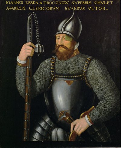 Johann Ziska von Trocnov, przywódca czeskich husytów i taborytów, który wygrał dwie bitwy z wojskami cesarskimi w 1420 i 1422 r. ... autorstwa German School