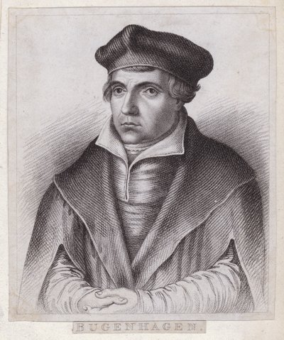 Johannes Bugenhagen (Doktor Pomeranus), niemiecki ksiądz i teolog, który wprowadza reformację protestancką na Pomorze i w Danii (ryty) autorstwa German School