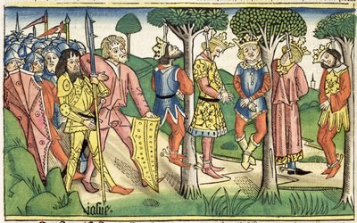 Jozuego 10 16-27 Egzekucja pięciu królów, z „Biblii Norymberskiej (Biblia Sacra Germanaica)” (drzeworyt kolorowy) autorstwa German School