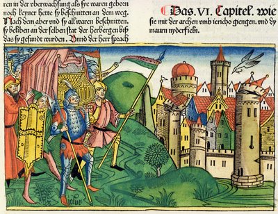 Joshua 6 4-21 Upadek Jerycha, z Biblii Norymberskiej (Biblia Sacra Germanaica) (kolorowy drzeworyt) autorstwa German School