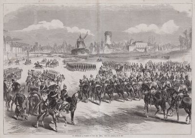 Kaiser Wilhelm I z Niemiec obserwujący paradę wojskową w Longchamp, Paryż, Francja, marzec 1871 (rycina) autorstwa German School