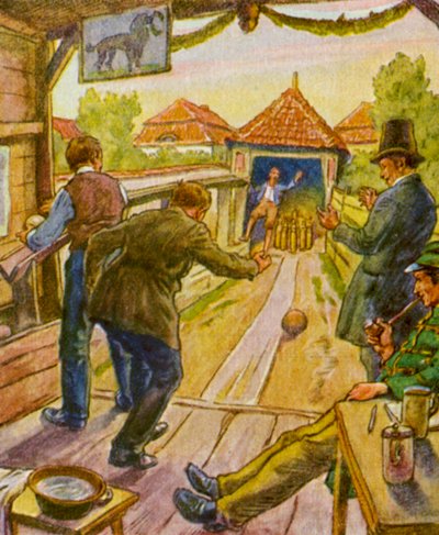 Kegelbahn / Kręgielnia (kolorowa litografia) autorstwa German School
