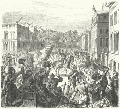 Król pruski Fryderyk Wilhelm IV przejeżdża obok Uniwersytetu Berlińskiego w drodze na masowy pogrzeb cywilów poległych w zamieszkach, 21 marca 1848 (rycina) autorstwa German School