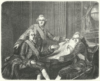 Król Szwecji Gustaw III w porozumieniu z braćmi Karolem i Fryderykiem Adolfem (rycina) autorstwa German School