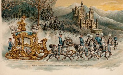 Król Ludwik II Bawarski podróżujący do zamku Neuschwanstein w złotych saniach (chromolitografia) autorstwa German School