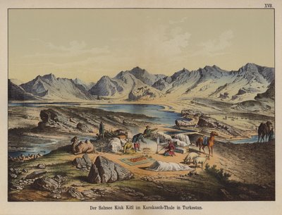Słone jezioro Kiuk Kiol w dolinie Karakash, Turkestan (kolor lito) autorstwa German School