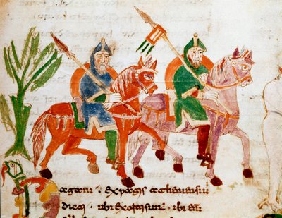 Rycerze z końmi Miniatura z rękopisu „De Universo” lub „De rerum naturis” (O Naturze Rzeczy) Rabana Maurusa Magnentiusa (lub Raban Maur lub Rabano Mauro, ok. 780-856). IX wiek. Archiwum Opactwa Monte Cassino (Góra Cassin) autorstwa German School