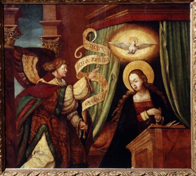Zwiastowanie (Zwiastowanie). Archanioł Gabriel przynosi przesłanie po łacinie: „Ave gratia plena Dominus tecum” (Zdrowaś, łaska pełna, Pan z Tobą) (początek Ave Maria). Obraz niemieckiego mistrza (XVI wiek). Olej autorstwa German School