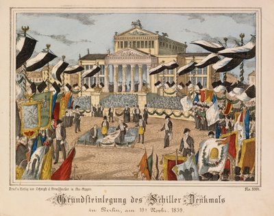 Wmurowanie kamienia węgielnego pod pomnik Schillera na Gendarmenmarkt w Berlinie, 10 listopada 1859, na tle Schauspielhaus, z Neuruppiner Bilderbogen, wyd. Oehmigle & Ri autorstwa German School