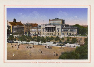 Lipsk, Augustusplatz i Neues Theater (kolorowa litografia) autorstwa German School