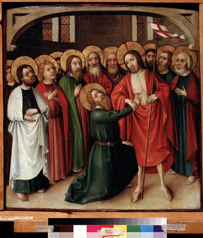 Niedowierzanie św. Tomasza. Jezus Chrystus trzyma białą flagę (standard) wybitą czerwonym krzyżem, a jego aureola jest oznaczona krzyżem. Obraz mistrza szwabskiego (aktywny ok. 1500). Olej na drewnie, 64 x 62 cm, v autorstwa German School