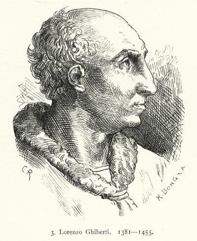 Lorenzo Ghiberti, florencki artysta wczesnego renesansu, który zaprojektował brązowe drzwi do baptysterium we Florencji (grafika) autorstwa German School