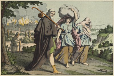 Lot i jego córki uciekają, ilustracja z LAncien Testament, wyd. Jakob Ferdinand Schreiber, Esslingen (kolorowe grawerowanie) autorstwa German School