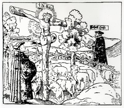 Luter (1483-1546) i Hus (1369-1415) z Chrystusem w owczarni, ok. 1520-21 autorstwa German School