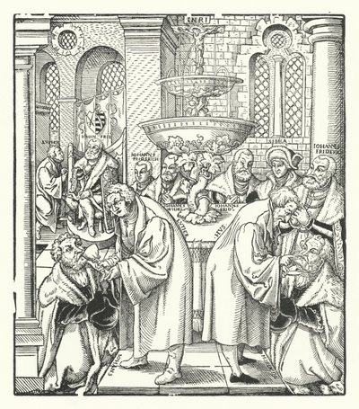 Marcin Luter i Jan Hus udzielający Komunii Świętej saskiej rodzinie królewskiej (rycina) autorstwa German School