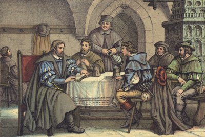 Marcin Luter w rozmowie ze studentami w Gasthof der Baren, Jena (chromolitho) autorstwa German School