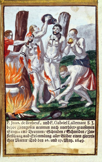 Męczeństwo Jeana de Brebeuf i Gabriela Lalemanta przez Irokezów, w Nouvelle-France 1649, z Martyrologium jezuitów, 1688 autorstwa German School