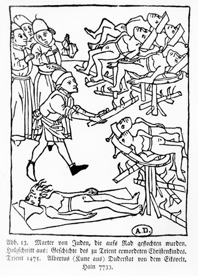 Męczeństwo Żydów na kole, z Historii chrześcijańskiego dziecka zamordowanego w Trydencie, opublikowanej w Trydencie przez Albertusa Kune, 1475 autorstwa German School