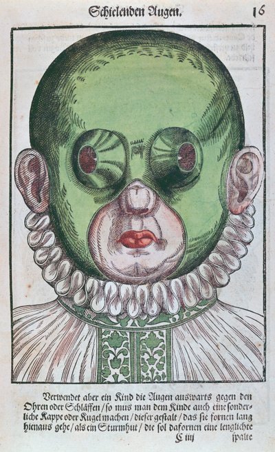 Maska do leczenia zeza, z Ophthalmodouleia Georga Bartischa (1535-1636) wydana w Dreźnie w 1583 r. (kolorowy drzeworyt) autorstwa German School