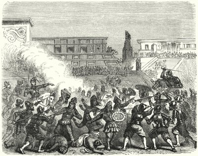 Masakra azteckich wojowników i szlachty w Cholula przez hiszpańskich konkwistadorów Hernana Cortesa autorstwa German School