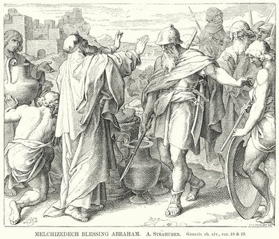 Melchizedech Blessing Abraham, Genesis, rozdz. XIV, w. 18 i 19 (rycina) autorstwa German School