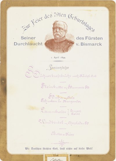 Menu na 79. urodzinach księcia von Bismarcka 1 kwietnia 1894 r. autorstwa German School