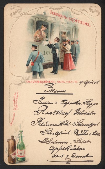Karta menu reklamująca wodę mineralną gazowaną Ueberkinger (kolor lito) autorstwa German School