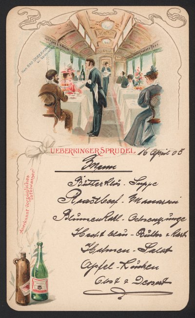 Karta menu reklamująca wodę mineralną gazowaną Ueberkinger (kolor lito) autorstwa German School