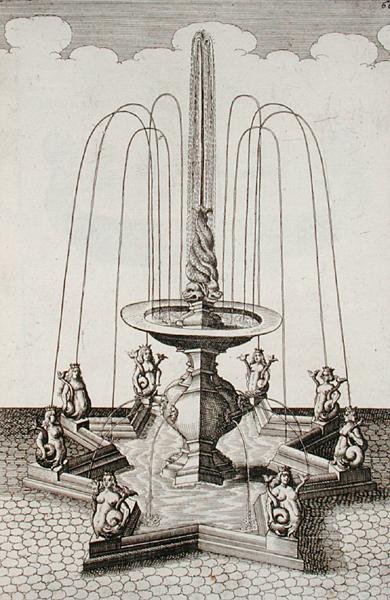 Fontanna syren, z „Architectura Curiosa Nova”, Georg Andreas Bockler (1617-85), wydana w 1704 r. (rycina) autorstwa German School
