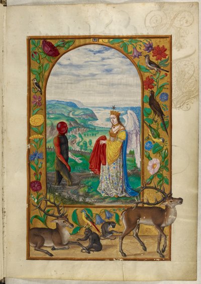 Pani Harley 3469, f.18 Queen oferuje szatę mężczyźnie w basenie, czwarta przypowieść z „Splendor Solis” Salomona Trismosina autorstwa German School