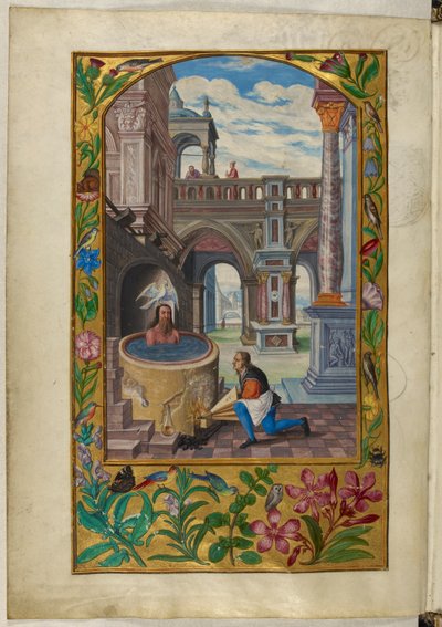 Ms Harley 3469, f.21v Mężczyzna kąpiący się na dziedzińcu, siódma przypowieść z „Splendor Solis” Salomona Trismosina autorstwa German School