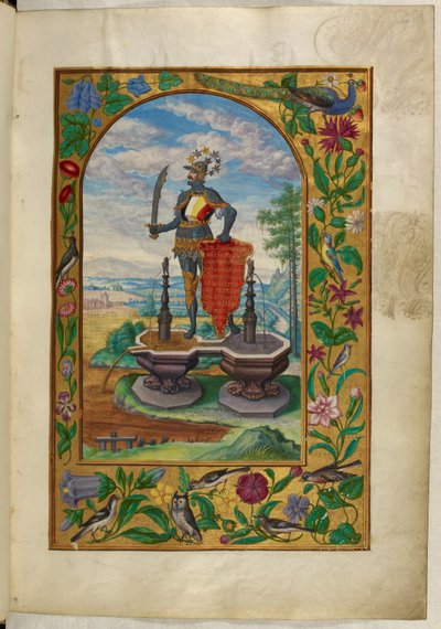 Pani Harley 3469, f.7 Rycerz stojący na fontannach, traktat drugi, z „Splendor Solis” Salomona Trismosina autorstwa German School