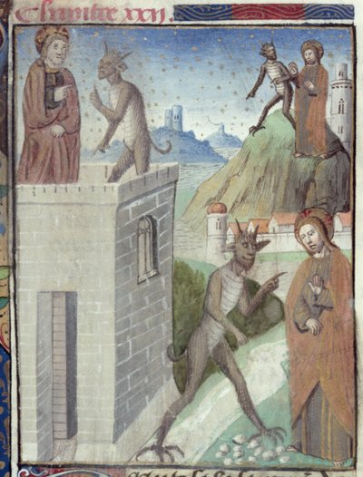 Ms Hunter 36 f.110r Trzy sceny kuszenia, z Vita Christi, autorstwa Ludolfa z Saksonii, ok. 1300-7778 autorstwa German School