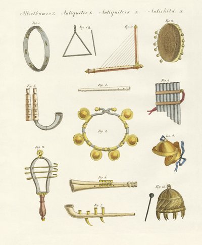 Instrumenty muzyczne starożytnych - gwizdki, grzechotki i cymbały autorstwa German School