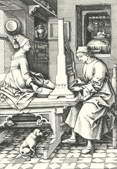 Muzycy grający na organach w wiejskim domu w XV w. (rycina) autorstwa German School