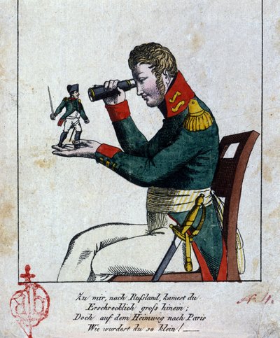 Napoleon I: kampania rosyjska W domu, w Rosji, przyjechałeś strasznie duży, ale w drodze powrotnej do Paryża, jak byłeś (stałeś) mały! (poza tym to się rymuje!!!) Pocałuj. Niemiecka karykatura XIX wieku autorstwa German School