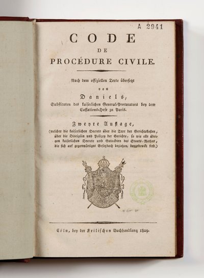Napoleoński kodeks postępowania cywilnego dla francuskich departamentów lewobrzeżnego Renu, otwarty na stronie tytułowej, Koln, 1809 (papier drukowany) autorstwa German School
