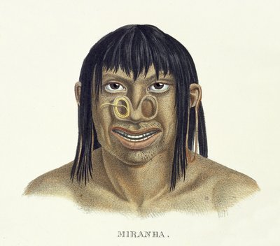 Rodowity człowiek z plemienia Miranha, z dekoracją na nosie, z Atlasu podróży po Brazylii Johanna Baptist von Spix (1781-1826) i Karla Friedricha Philippa Martiusa (1794-1868), wydanego ok. 1835-50 (kol. autorstwa German School