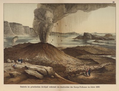 Nea Kameni, wyspa wulkaniczna w kalderze greckiej wyspy Santorini po wybuchu w 1866 r. (kolor lito) autorstwa German School