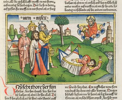 Liczb 16 32 Ziemia połyka buntowników Datan i Abiram, z Biblii Norymberskiej (Biblia Sacra Germanaica) (kolorowy drzeworyt) autorstwa German School