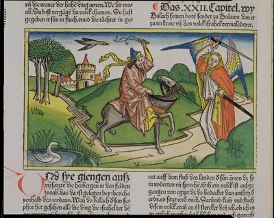 Liczb 22 20-35 Balaamowie gadający osły, z Biblii Norymberskiej (Biblia Sacra Germanaica) (kolorowy drzeworyt) autorstwa German School