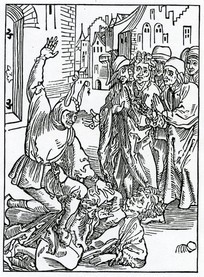 O brekynge i hurtynge of amyte i frendshyp, ilustracja z angielskiego przekładu „Statek głupców” Aleksandra Barclay