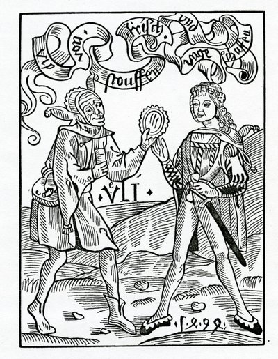 O nowych modach i przebranych ubraniach, ilustracja z angielskiego przekładu „Statek głupców” Alexandra Barclay