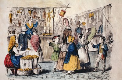 Jarmark na świeżym powietrzu w Niemczech, ok. 1860 (kolor grawerowany) autorstwa German School