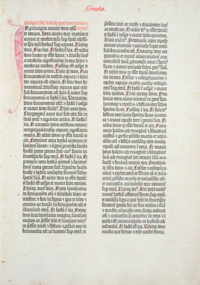Pierwsza strona Księgi Rodzaju z Biblii Gutenberga, wydrukowana przez Johannesa Gutenberga (ok. 1400-68) i Petera Schoeffera (1425-1502) w Moguncji, 1454-56 (papier drukowany) autorstwa German School