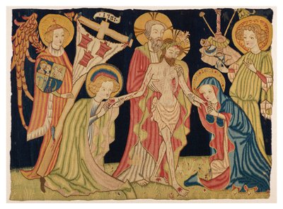 Część gobelinu czołowego ołtarza przedstawiającego Trójcę Świętą, Dziewicę, św. Jana i dwóch Aniołów, z Norymbergi, ok. 1420 r. (wełna i len) autorstwa German School