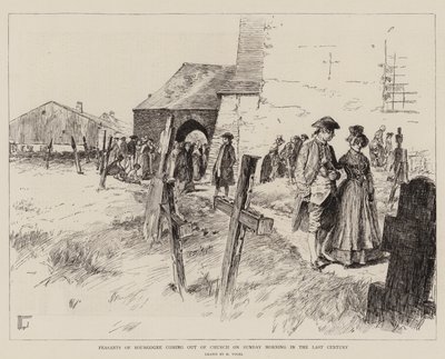 Chłopi z Burgundii wychodzą z kościoła w niedzielny poranek ostatniego stulecia (rycina) autorstwa German School