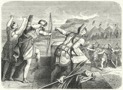 Filip II Macedoński ranny w oko podczas oblężenia Methone, 355 pne (grawerowanie) autorstwa German School