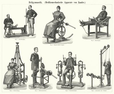 Fizjoterapia: aparat do mechanoterapii wymyślony przez szwedzkiego lekarza i ortopedę Gustava Zandera (grafika) autorstwa German School